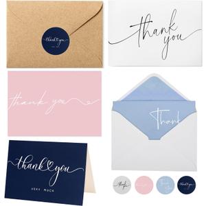 100 Multicolored Thank You Cards with Kraft Envelopes and Stickers - 4 Modern Designs for Wedding, Graduation, Business, Baby Shower (Assortment)