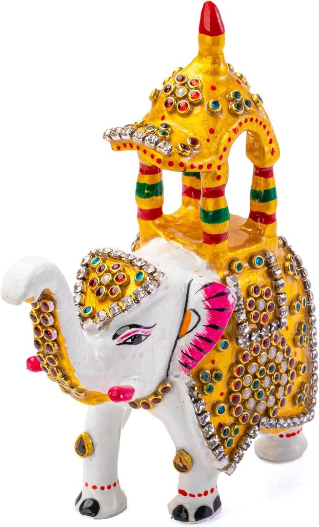 Minakari Traditional Indian Festive Dcor Statue Sculpture Figurine Decoration for Home Office Party and Gifting (White Elephant with Howdah)