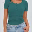 PRETTYGARDEN Womens 2026 Summer Short Sleeve Tops Ribbed Henley Button Slim Fit Basic Casual T Shirts Blouse Fashion Clothing (Blue, M)