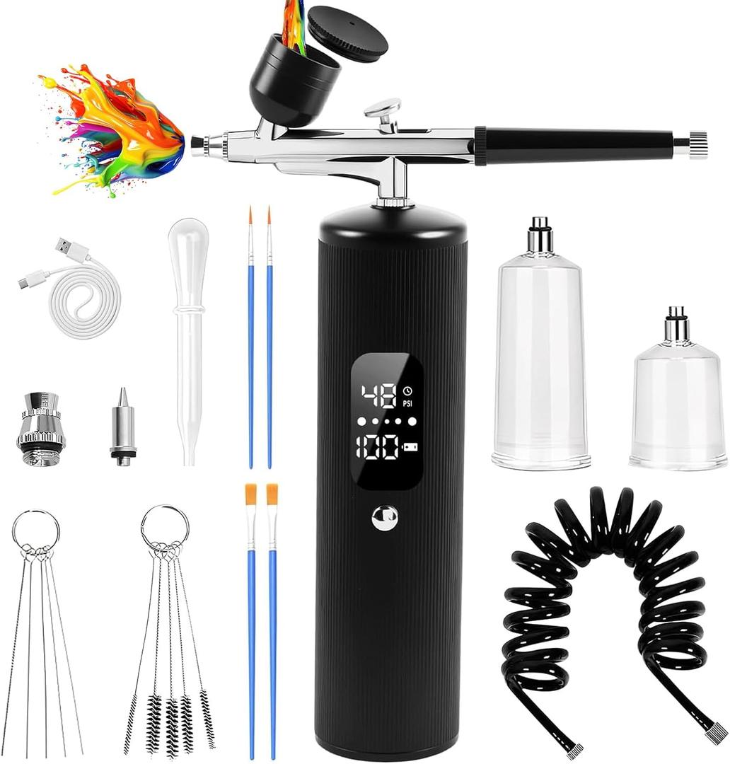 Airbrush Kit with Compressor, 50PSI High Pressure Cordless Airbrush, 6400mAh Rechargeable with LCD Display, Dual Action Airbrush Set for Nail Art, Cake Decor, Painting, Modeling, Makeup