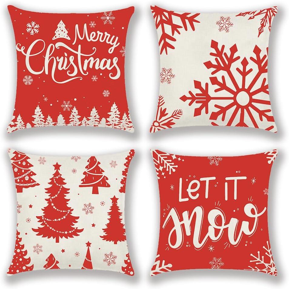 Christmas Throw Pillow Covers 18x18 for Couch and Sofa - Xmas Snowflake Winter Holiday Cushion Cases - Tree Decor - 4 Pack