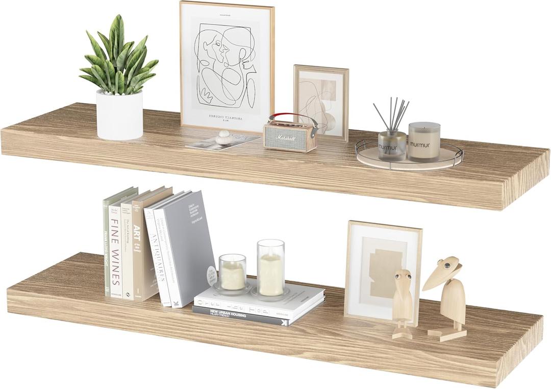 Floating Shelves for Wall - 32 x 9 Inch Natural Wood Shelves for Bathroom, Bedroom, Kitchen Decor, Farmhouse Decor Set of 2, Natural Wood