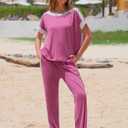 EXLURA Womens Summer 2 Piece Outfits Color Block Short Sleeve Tops Tracksuit Wide Leg Pants Matching Set Lounge Sets 2025 (Brown)