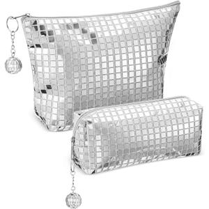 Reginary 2 Pcs Disco Cosmetic Makeup Bags Women Silver Glitter Sequin Mirror Purse Large Travel Handbag with Zipper Disco Ball Makeup Bag Party Decorations for Bridal Bachelorette Gift 70s 80s 90s