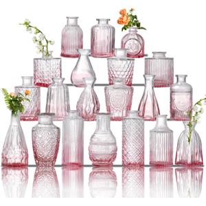 Glass Bud Vase Set of 20 - Small Vases for Flowers in Bulk - Assorted Vintage Crystal Vases for Flowers, Table Centerpieces (Pink, 20 Pcs)