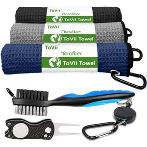 ToVii Golf Towel Microfiber Waffle Pattern Golf Towel | Brush Tool Kit with Club Groove Cleaner | Golf Divot Tool | Golf Accessories for Men (Navy)