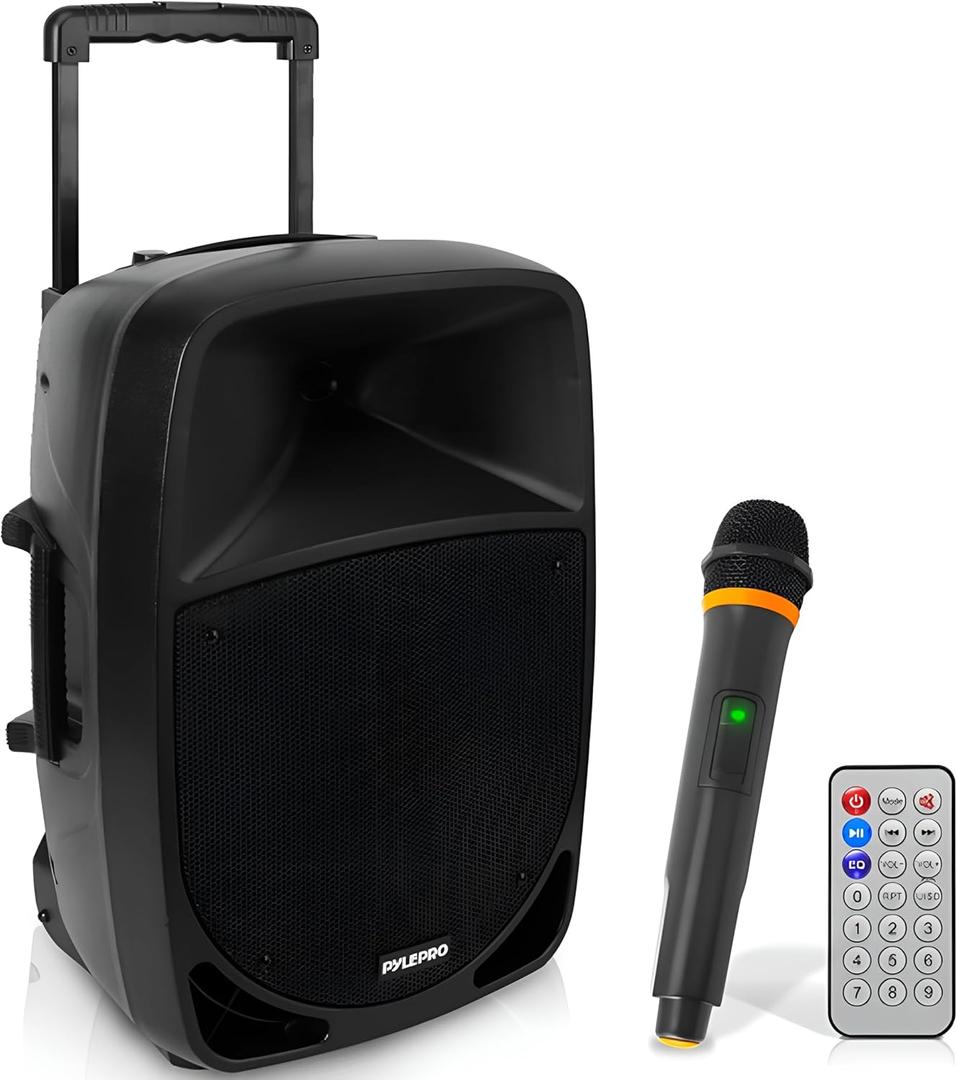 Pyle 1200W Portable Bluetooth PA Speaker - 12 Subwoofer, LED Battery Indicator Lights W/Built-In Rechargeable Battery, MP3/USB/SD Card Reader, and UHF Wireless Microphone - Pyle PSBT125A,Black