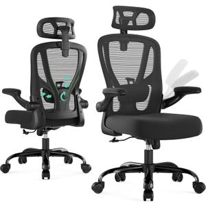 Office Chair Ergonomic Desk Chair - Mesh High Back Office Chair with Headrests Wheels Lumbar Support Home Desk Office Chairs Flip up Armrest Executive Rolling Swivel Task Computer Chair Black