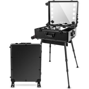 Aluminum Trolley Makeup Train Case with Led Light Rolling Makeup Case with Legs Suitcase Vanity with Lights with Stand Mirror Makeup Vanity Station (24 in, Black)