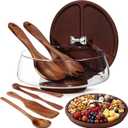 Hushee Large Glass Salad Bowl Set, Party Salad Bowl with Wood Base and Lid as Cheese Charcuterie Board and Plate, Comes with 5 Pieces of Elegant Wood Serving Utensils