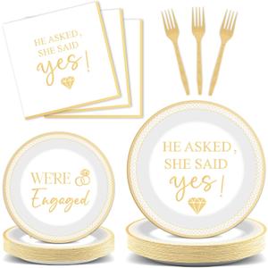 96Pcs Happy Engagement Party Supplies Engagement Paper Plates Napkins She Said Yes Party Tableware Set She Said Yes Disposable Dinnerware for Wedding Birthday Party Bridal Shower Decoration Serve 24