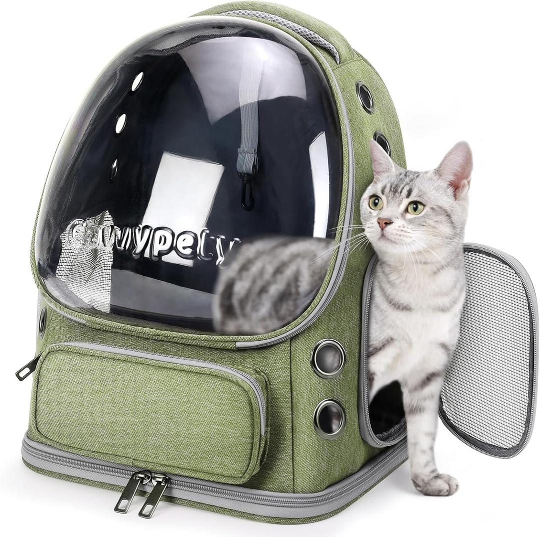 Cawypety Cat Backpack Carrier, Breathable Cat Carrier Large Space Bubble Pet Backpack for Kitty Small Dog up to 15lbs, Transparent & Foldable Pet Carrier for Travel Hiking (Green)