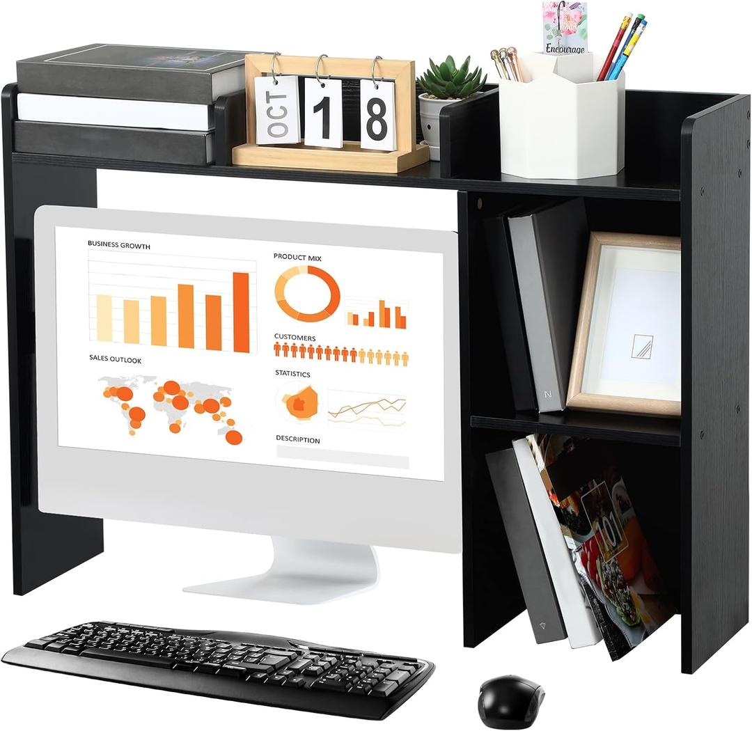 Briwooody Dorm Desk Bookshelf Desk Hutch Organizer with 5 Shelves and 3 Tier Desktop Hutch Storage Organizer for College Dorm Home Office Supply, 32.5 x 23.5 x 8 Inch(Black)