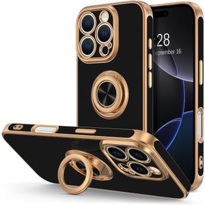 Hython for iPhone 16 Pro Max Case with Ring Stand, 360 Rotatable Ring Holder Magnetic Kickstand, Plating Rose Gold Edge Soft Cover Protective Phone Case for iPhone 16 Pro Max 6.9", Black
