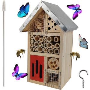 TIHOOD Natural Wooden Hanging Bee House for Gardens Natural Wooden Butterfly Hotel for Bee, Butterfly, Ladybirds, Habitat, Bee Hotel Garden