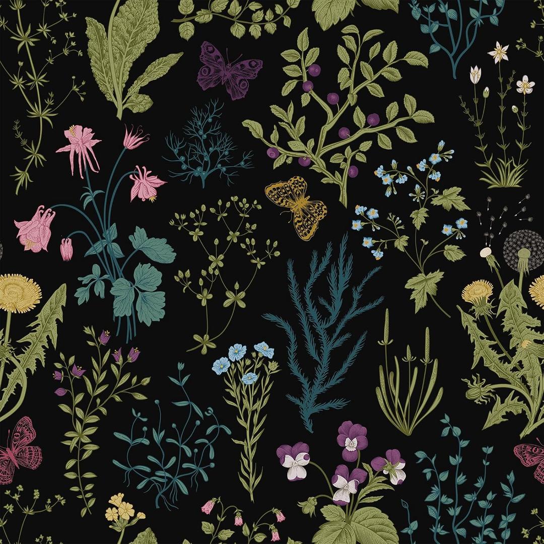 VEELIKE Black Herbs Floral Peel and Stick Wallpaper Floral Wallpaper for Bedroom Bathroom Accent Wall 17.7''x118'' Dark Whimsical Botanical Flower Wall Paper Prepasted Self Adhesive Contact Paper