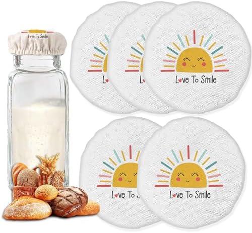 Sourdough Starter Jar Cover, Sun Smile Cloth Covers for Sourdough Bread, Reusable Sewn Sourdough Proofing Cloth Cap for 3-4 Inch Jar Mouth Baking Supplies