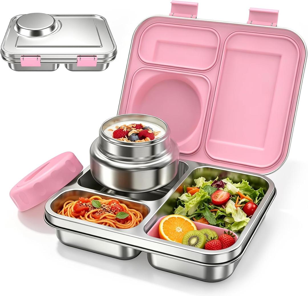 Stainless Steel Bento Box Kids Adult with 8oz Soup Thermo, 3 Compartments Metal Bento Lunch Box with Insulated Food Jar,Lunch Box Container Sauce Cup for School,BPA-Free(Pink)