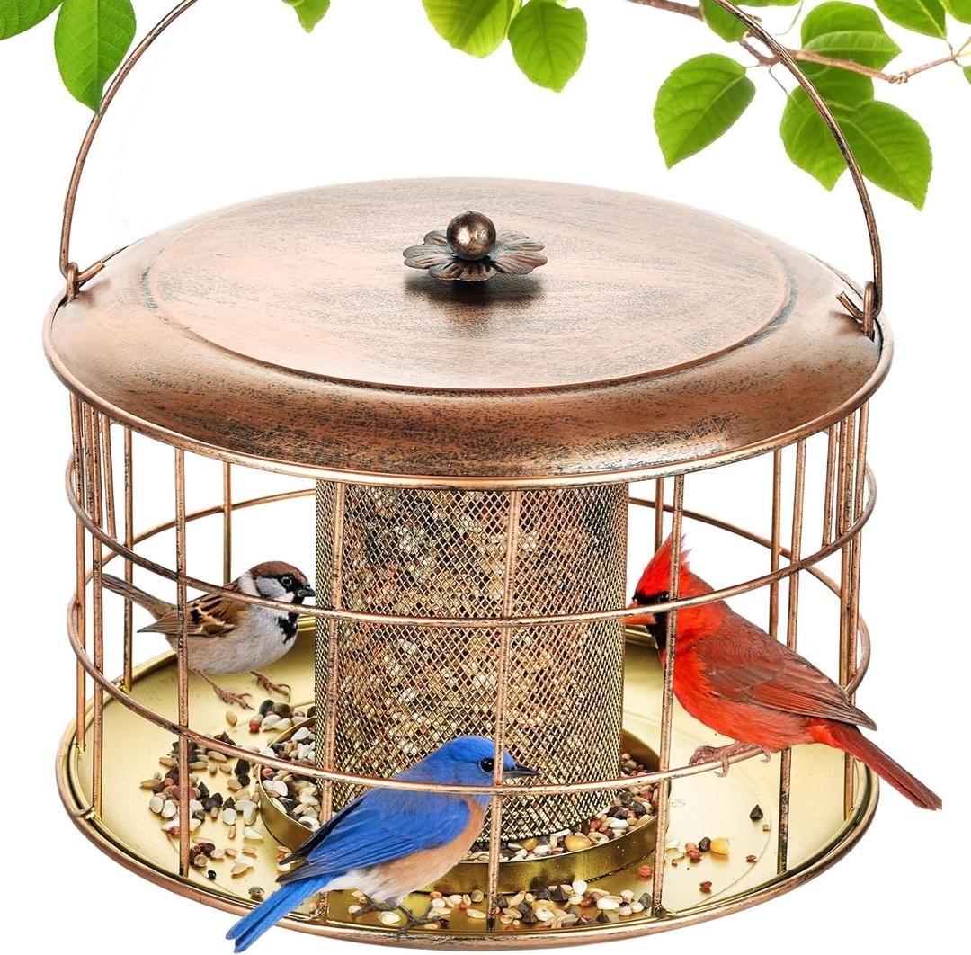 Squirrel Proof Bird Feeder, Metal Caged Bird Feeders for Outdoors Hanging, Wild Bird Feeder with Rain Proof Covered for Small Birds, Weather Resistant, Easy to Refill & Clean
