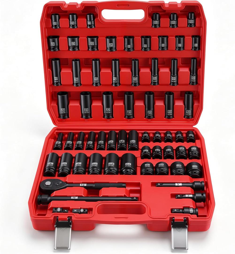 65-Piece 1/2" CR-Mo Steel Drive Impact Socket Set