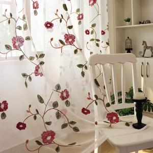 SLOW SOUL 2 Panels Violet Red Flowers Leaves Sheer Curtain Embroidered Window Curtains Gorgeous Drapes for Living Room Bedroom with Rod Pocket 52W X 84L inch (52"W x 84"L (Pack of 2), Violetred Sheer/Rod Pocket)