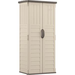 Suncast Vertical Outdoor Storage Shed with Reinforced Floor, Lockable Double Doors, All-Weather Construction, and Multi-Wall Panels, Vanilla, Made in the USA