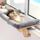 Zakkart Cat Perch for Window Sill with Bolster  Orthopedic Hammock Design with Premium Hardwood & Robust Metal Frame  Cat Window Seat for Large Cats and Kittens  Dark Stained Wood Gray Bed, 24''W