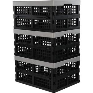 Jekiyo 16-Liter Folding Crates Storage, Collapsible Container Plastic, Set of 3 (Black)