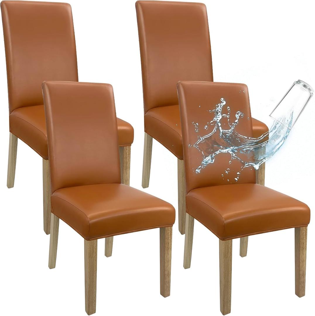 Orange Leather Chair Covers for Dining Chairs Set of 4, Faux Leather Dining Chair Covers Removable Wipeable Parson Chair Covers Leather, Stretch Waterproof Chair Seat Covers for Dining Chairs
