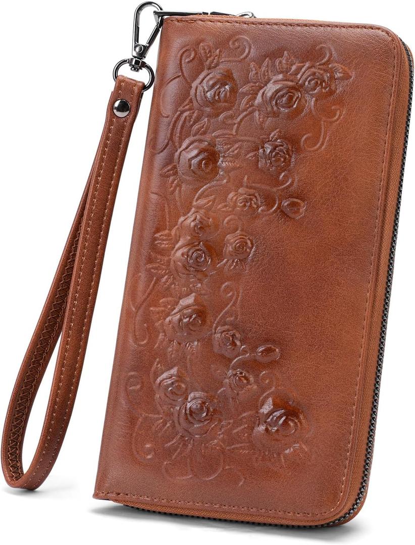 MEITRUE Womens Wallet Large Capacity Phone Clutch Purse RFID Floral Embossed Vegan Leather Travel Wallet with Wristlet Brown
