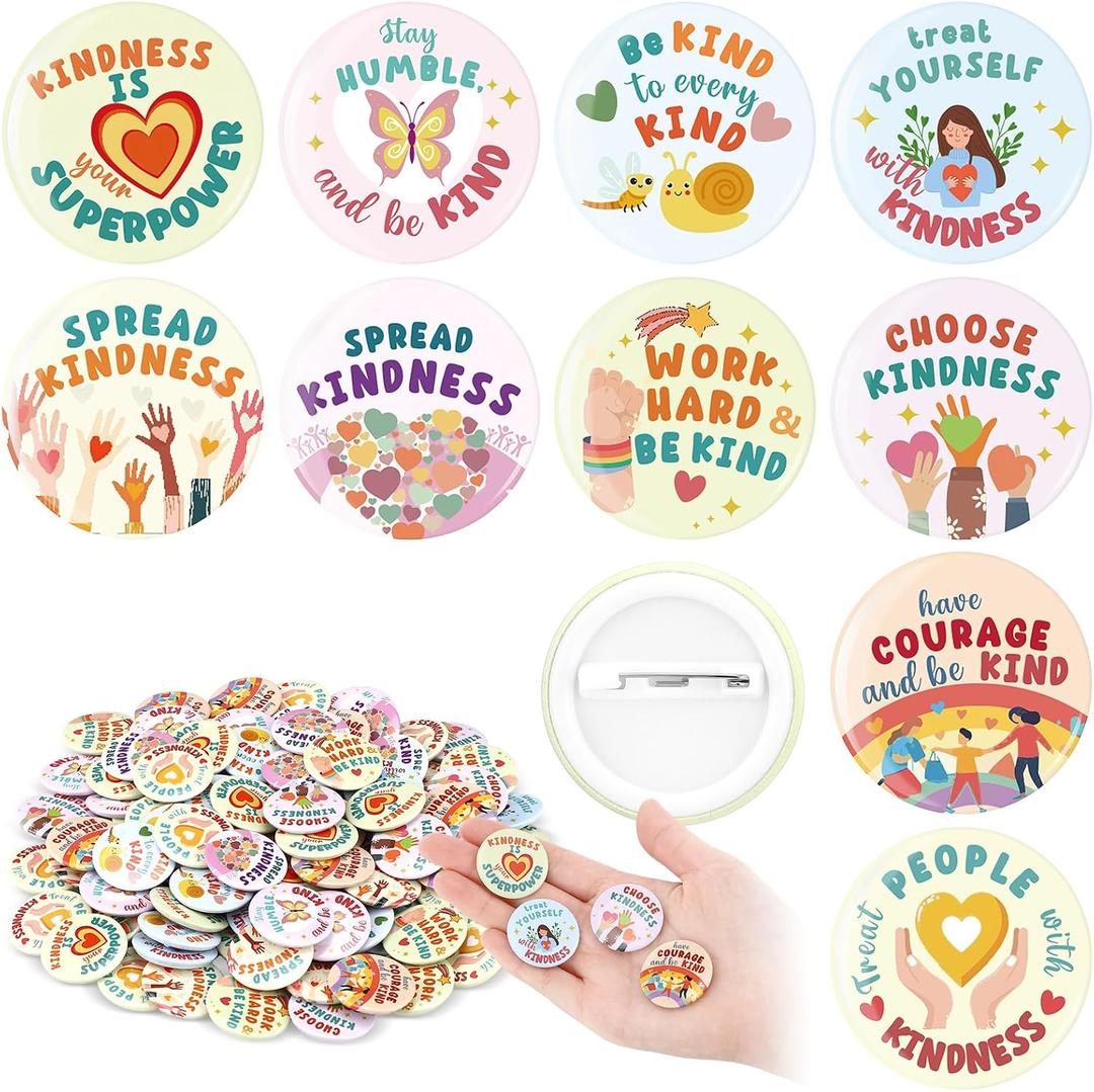 100 Pcs Reading Awards/Be Kindness Pins Back to School Funny Reading Prizes Kindness Book Lover Round Buttons Pins Positive Incentive Reward Prizes for Students Classroom