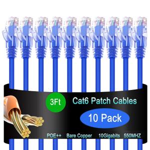 Cat6 Ethernet Cable 3 ft (10 Pack) - 10G Network Patch Cable for Data Centers, Home and Enterprise Networks - Blue