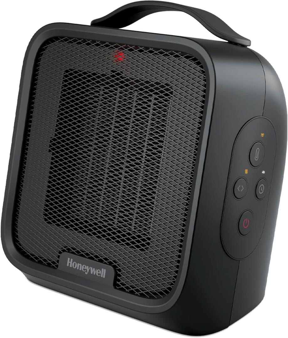 Honeywell UberHeat Plus Ceramic Space Heater for Small Rooms, Quiet, Compact Personal Heater with Variable Heat Settings and Auto-off Timer, Black, HCE220B