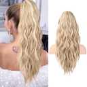 FLUFYMOOZ Ponytail Extension, 22 Inch Drawstring Ponytail Hair Extensions for Women Long Curly Wavy Ponytail Natural Synthetic Hairpiece for Women (22 Inch Blonde with Blonde Highlights)