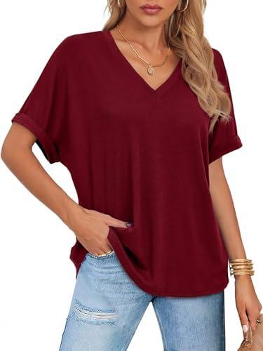 Tankaneo Womens Oversized T Shirts V Neck Loose Fit Rolled Short Sleeve Summer Casual Tee Tops, L/XL