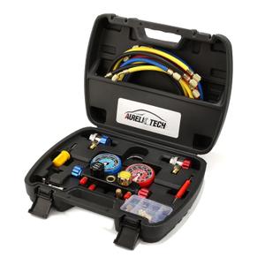 UPGRATED Version 4 Way A/C Manifold Gauge Set Fits R134A R410A R404A R22 Refrigerants with 5FT Hose, 3 Acme Tank Adapters, Adjustable Couplers and Can Tap