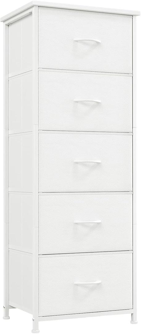 Somdot Tall Dresser for Bedroom with 5 Drawers, Storage Organizer Chest of Drawers with Removable Fabric Bins for Closet Bedside Living Room Laundry Entryway Hallway, White Leather, 11.8"D x 16.5"W x 45.1"H