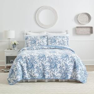 Laura Ashley - King Quilt Set, Reversible Cotton Bedding with Matching Shams, Home Decor for All Seasons (Bedford Delft Blue, King)