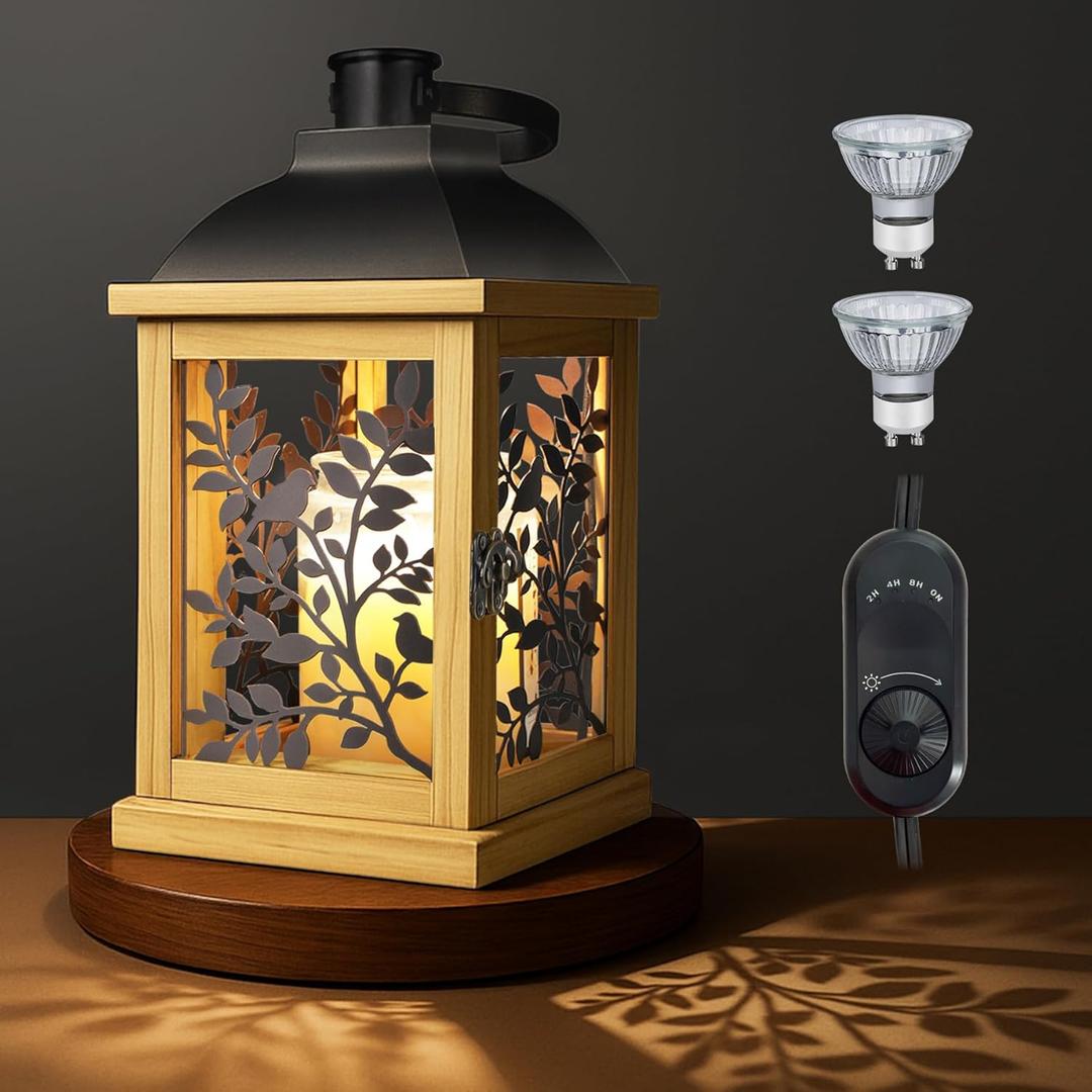 Candle Warmer Lamp, with Timer and 2 Bulbs Dimmer Farmhouse Lantern for Top-Down Adjustable Candle Warmer, Electric Lamp for Jar Candles, Auto Shut Off Home Decor Gift for Women (Handmade Wood)