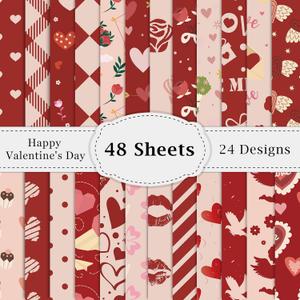 48PCS Valentines Scrapbook Paper 12x12in Vintage Hearts Scrapbook Specialty Papers 24 Styles Retro Love Decorative Paper Folded Flat DIY for Card Making Photo Album Journal Craft Decoration