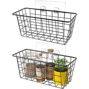 MaraFansie Hanging Kitchen Baskets Wire Storage Basket Over the Cabinet Door Organizer, No Drilling Adhesive Basket for Cabinet Pantry Organization and Kitchen, Bathroom, Storage, 2 Pack, Black (A-BLACK)