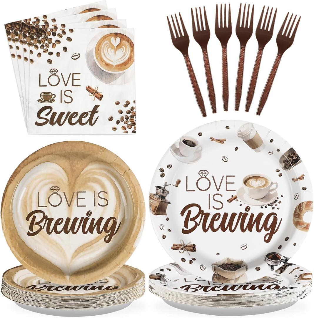 Grencian Love is Brewing Bridal Shower Decorations - 96Pcs Coffee Themed Bridal Shower Love is Brewing Plates and Napkins Disposable Tableware for Girls Wedding Engagement Party Decorations Serve 24