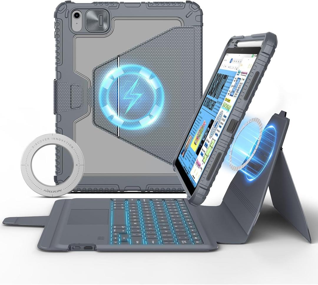 Nillkin for iPad 10th Generation Keyboard Magnetic Kickstand Magic Case with Wall Mount for iPad 11th A16 chip 10.9 inch 10th Detachable Backlit Keyboard,Trackpad (Light Grey)