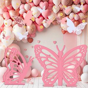 Yousoontic 2 Pcs Large Wooden Butterfly Props - 20" and 17.5" Standing Wings Cutout Backdrop Decoration for Birthday, Baby Shower, Wedding Party(Pink)