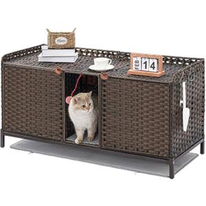 SETVSON Cat Litter Box Enclosure for 2 Cats, Hidden Litter Box Furniture with Mat, Large Rattan Cat House with Double Room and Door, 47.3 L x 19.7 W x 24 H, 2 S-Shaped Hooks for Living Room Brown