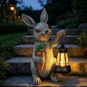 Garden Statues Rabbit Solar Lantern Outdoor Handmade Resin Statue Bunny with Cute Carrot for Patio, Yard, Mother's Day Gift Ideas
