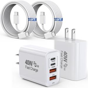 10FT iPhone 17 16 15 Pro Charger,2Pack 10Foot USB C to C Woven Cable Cord 40W USB C Apple Charger 4 Port PD&AC Charge Block Fast Charging for iPhone 17 Air/17 16 15 Pro Max/16e/16 Plus/15/15 Pro/iPad (White)