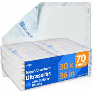 Medline Ultrasorbs Drypads with SlipResist Technology, 30" x 36", 70 Count, Super Absorbent Disposable Bed Pads, Incontinence Bed Pads, Adult Bed Pads, 10x More Absorbent, Chucks for Adults, Elderly