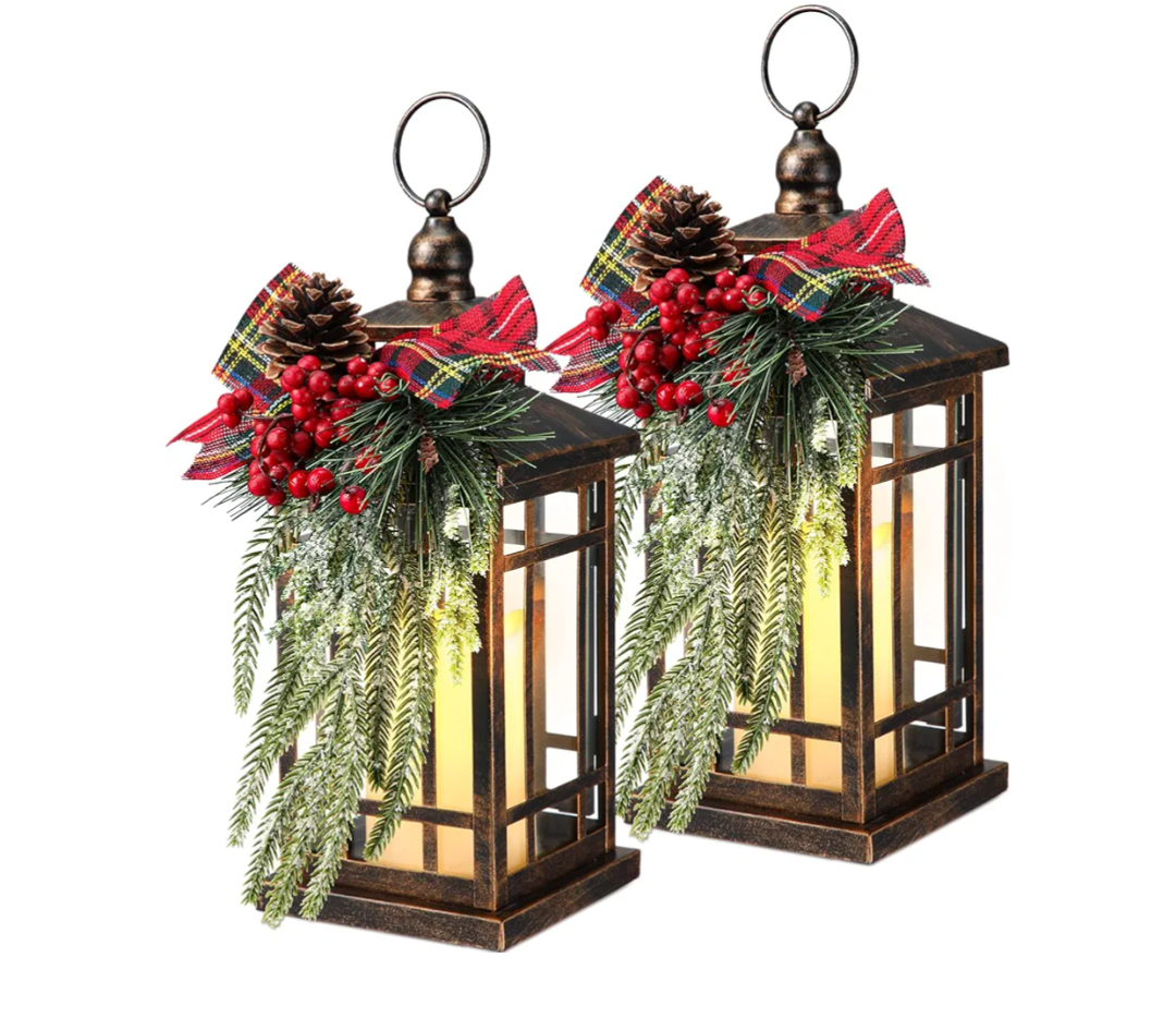 Baquler 2 Pcs Christmas Decorative Lantern LED Christmas Lantern 14" Bronze Vintage Flameless Hanging Candle Lanterns Xmas Centerpieces for Tables Indoor Outdoor Porch Decor (Black Red Plaid)