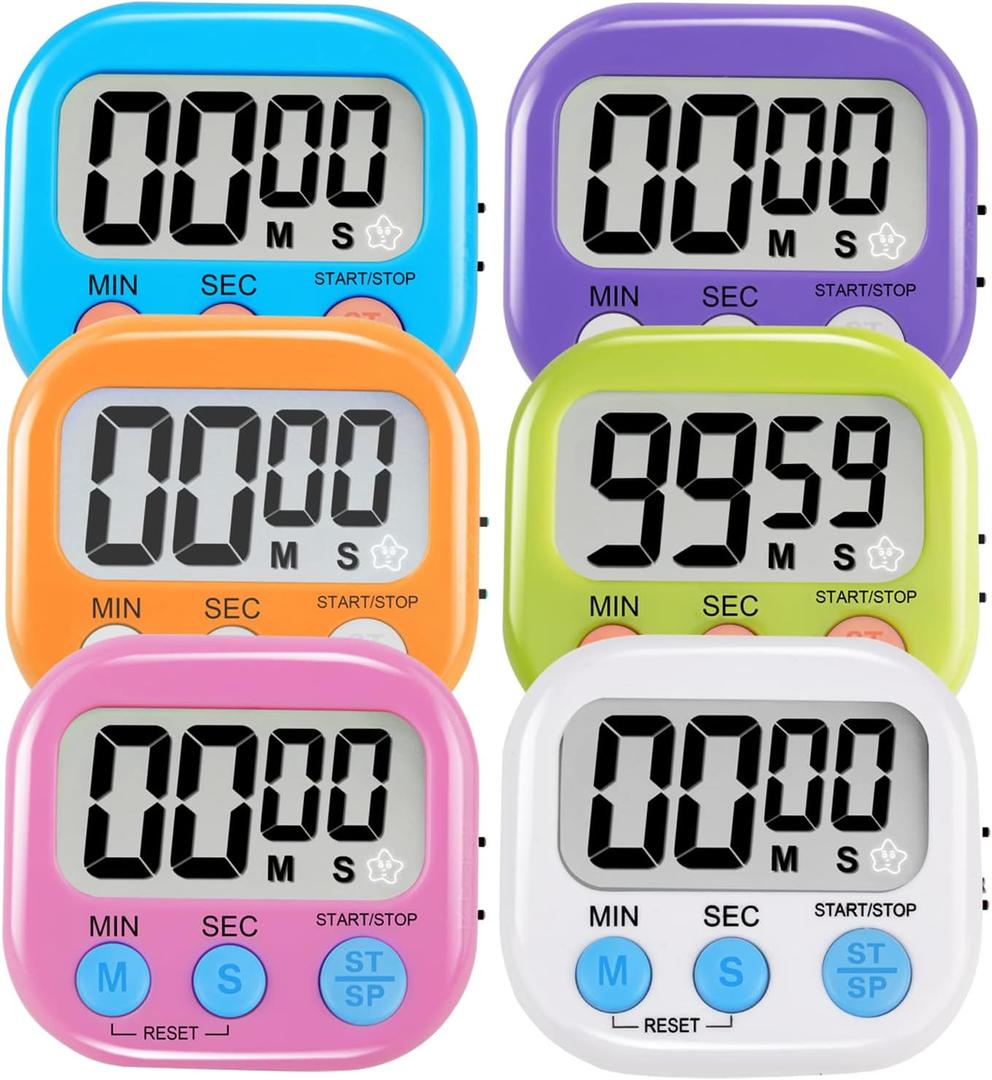 6 Pack Multi-Function Electronic Timer - Magnetic Digital Timers Big LCD Display The Loud/Silent Switch Countdown Timer Extensively Use in Break Time, Cooking,Gym, Meeting, Classroom
